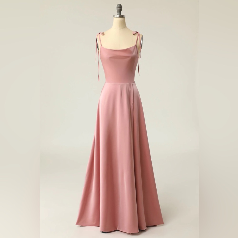 Blush Spaghetti Straps Long Prom Dress with Bowknot